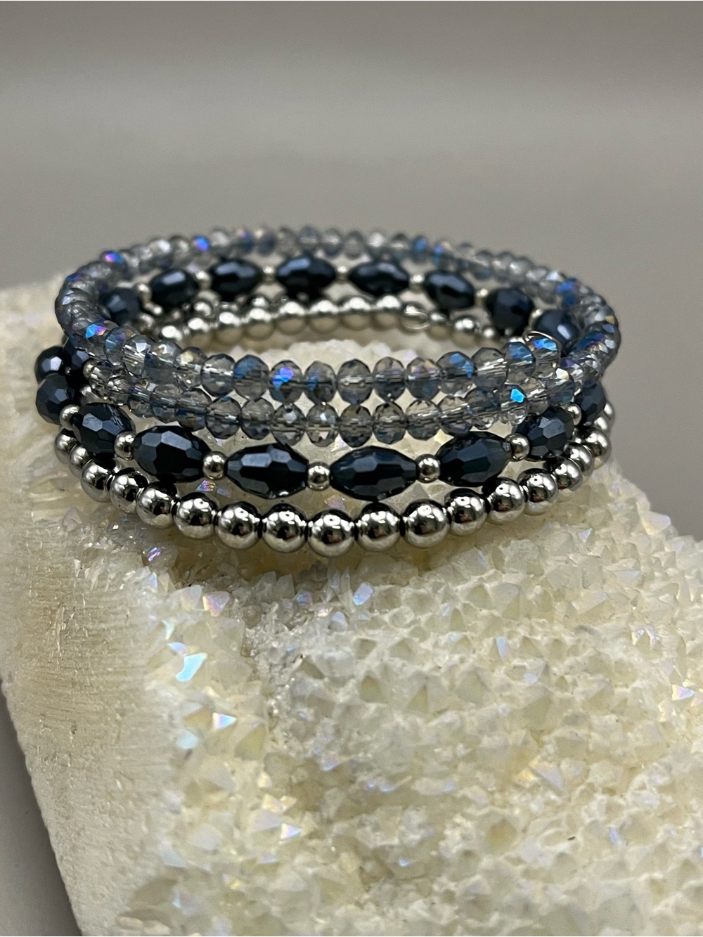 Silver Tone Crystal Beaded Wrap Bracelet | Navy Blue Gray Multi Strand